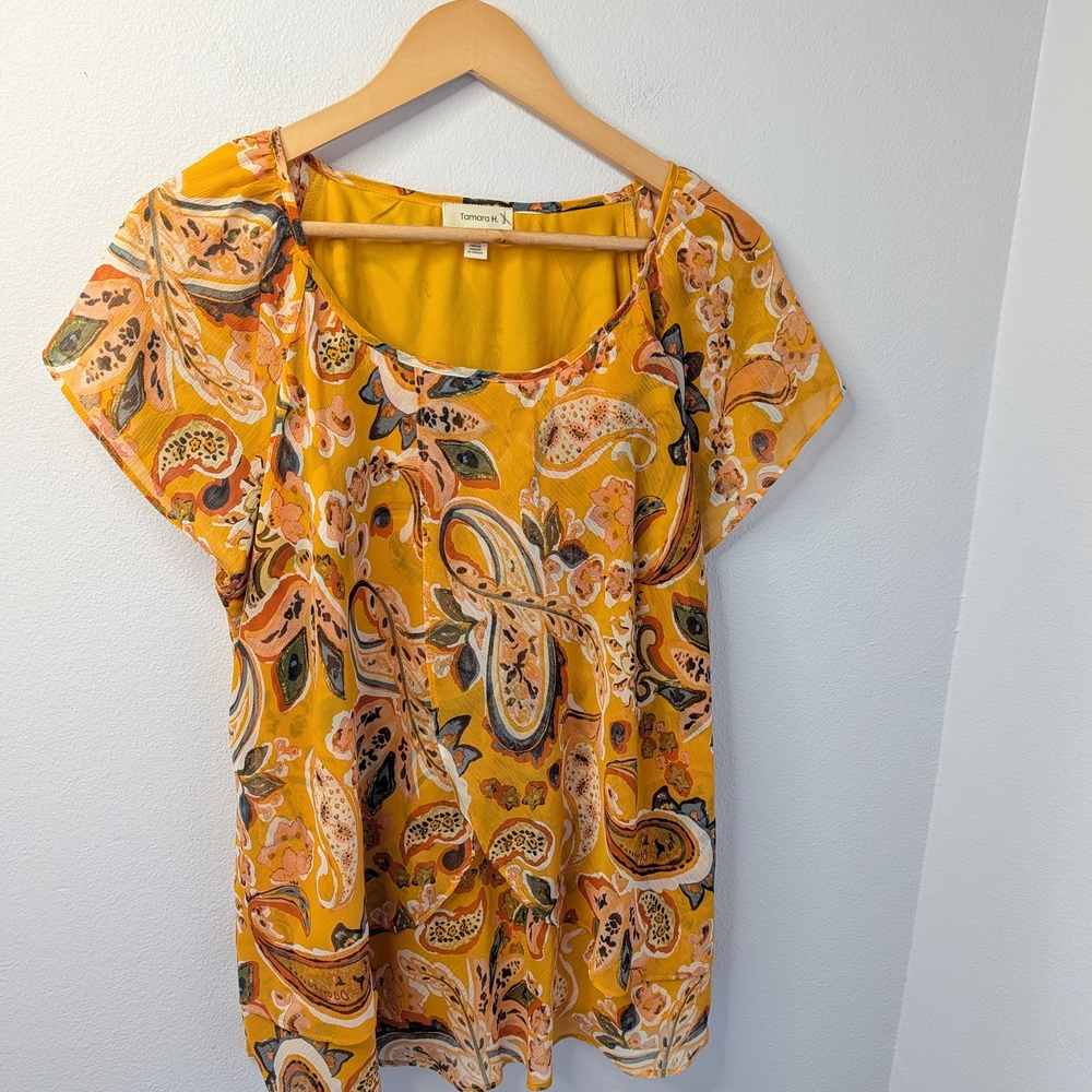 Tamara H Marigold Paisley Boho Flutter Sleeve Top‎ 1X